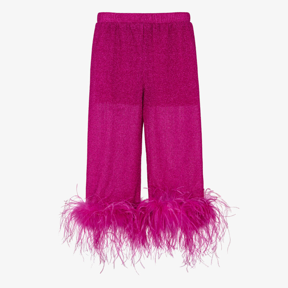 Oséree-Girls Fuchsia Pink Lumiére Feather Trim Trousers | Childrensalon