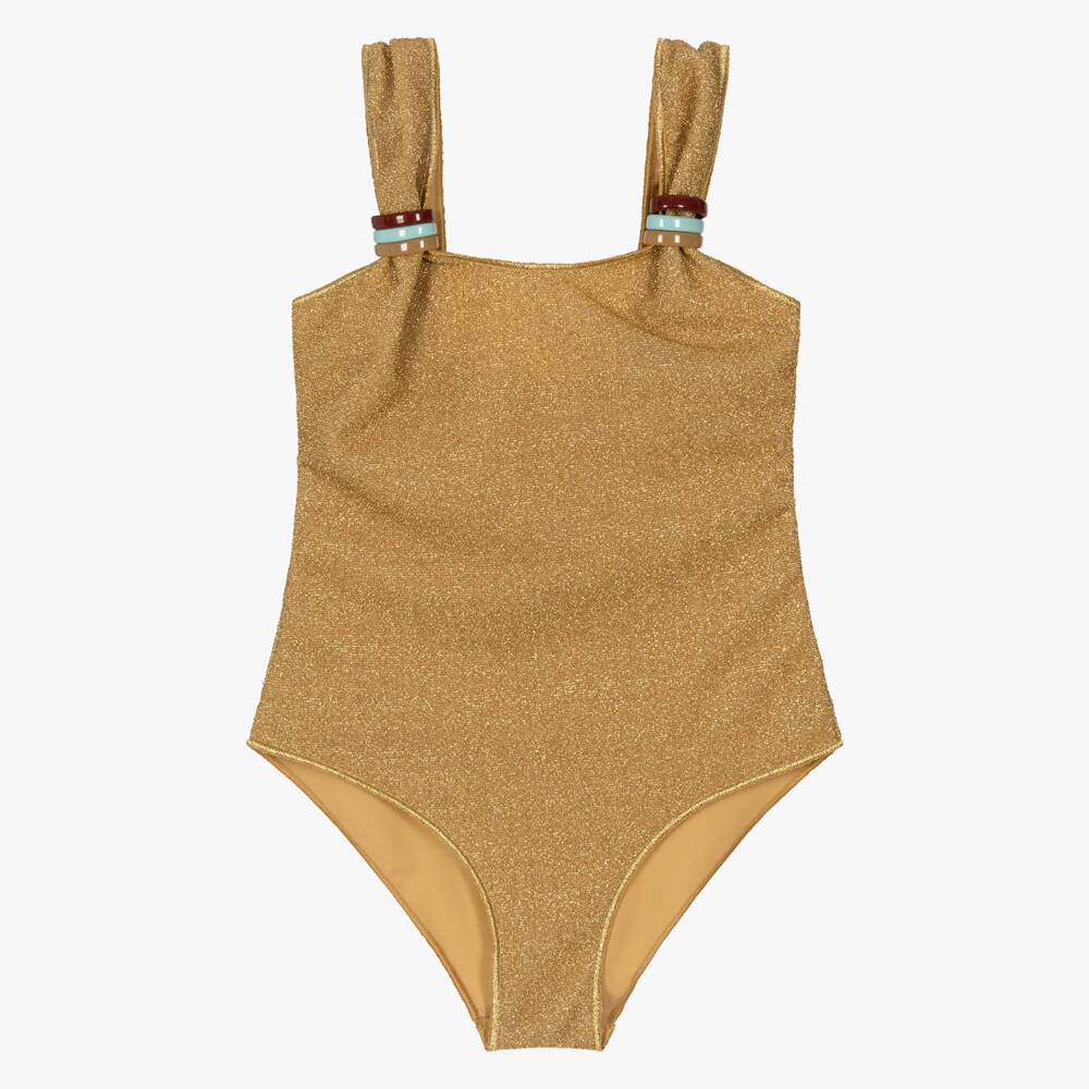 Oséree-Girls Gold Lurex Swimsuit with Coloured Rings | Childrensalon