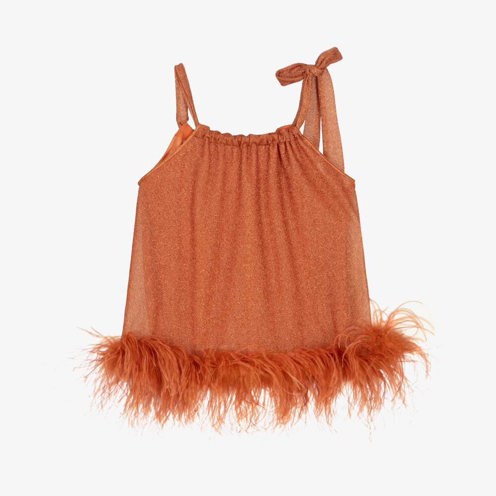 Oséree-Girls Orange Lumiére Feather Trim Dress | Childrensalon