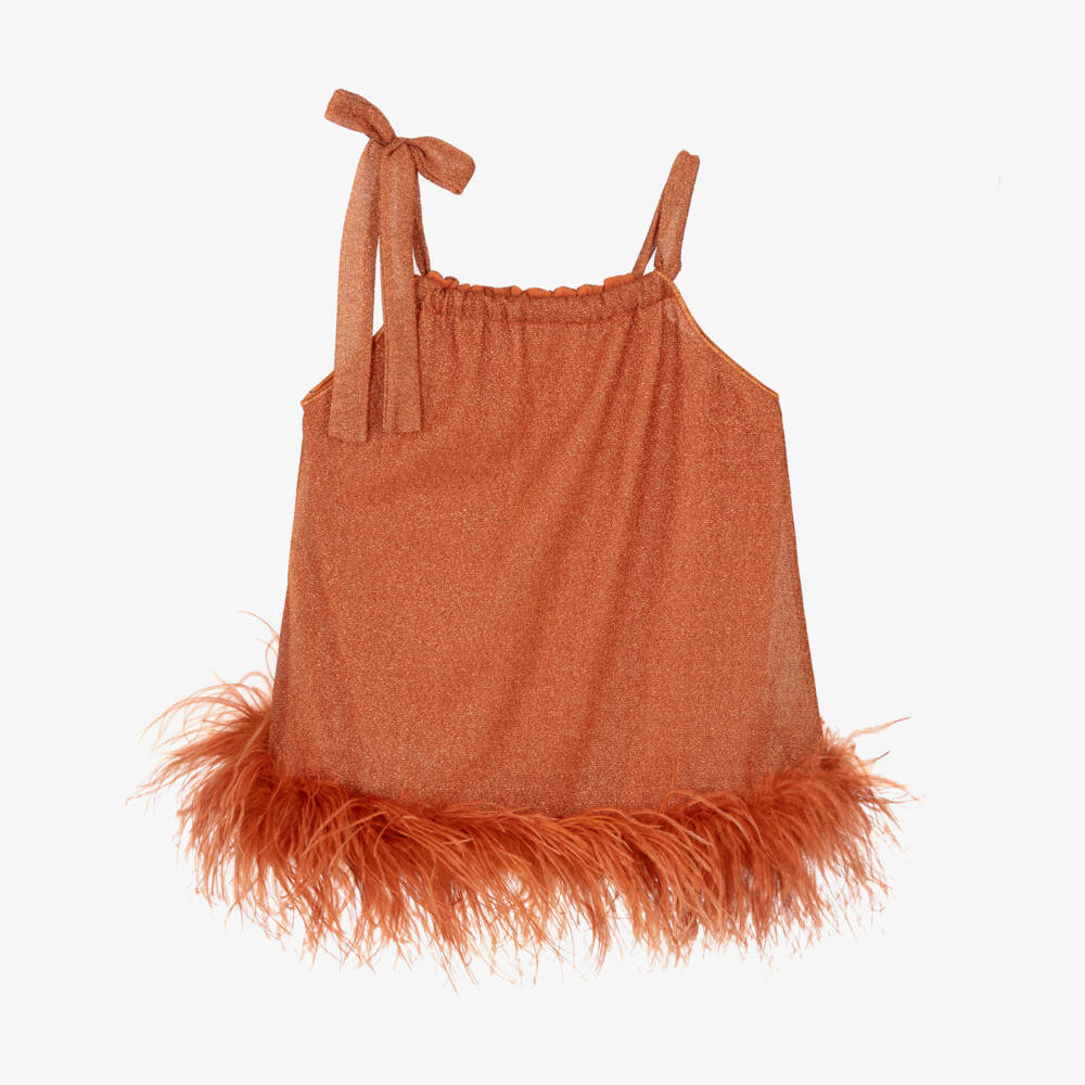 Oséree-Girls Orange Lumiére Feather Trim Dress | Childrensalon