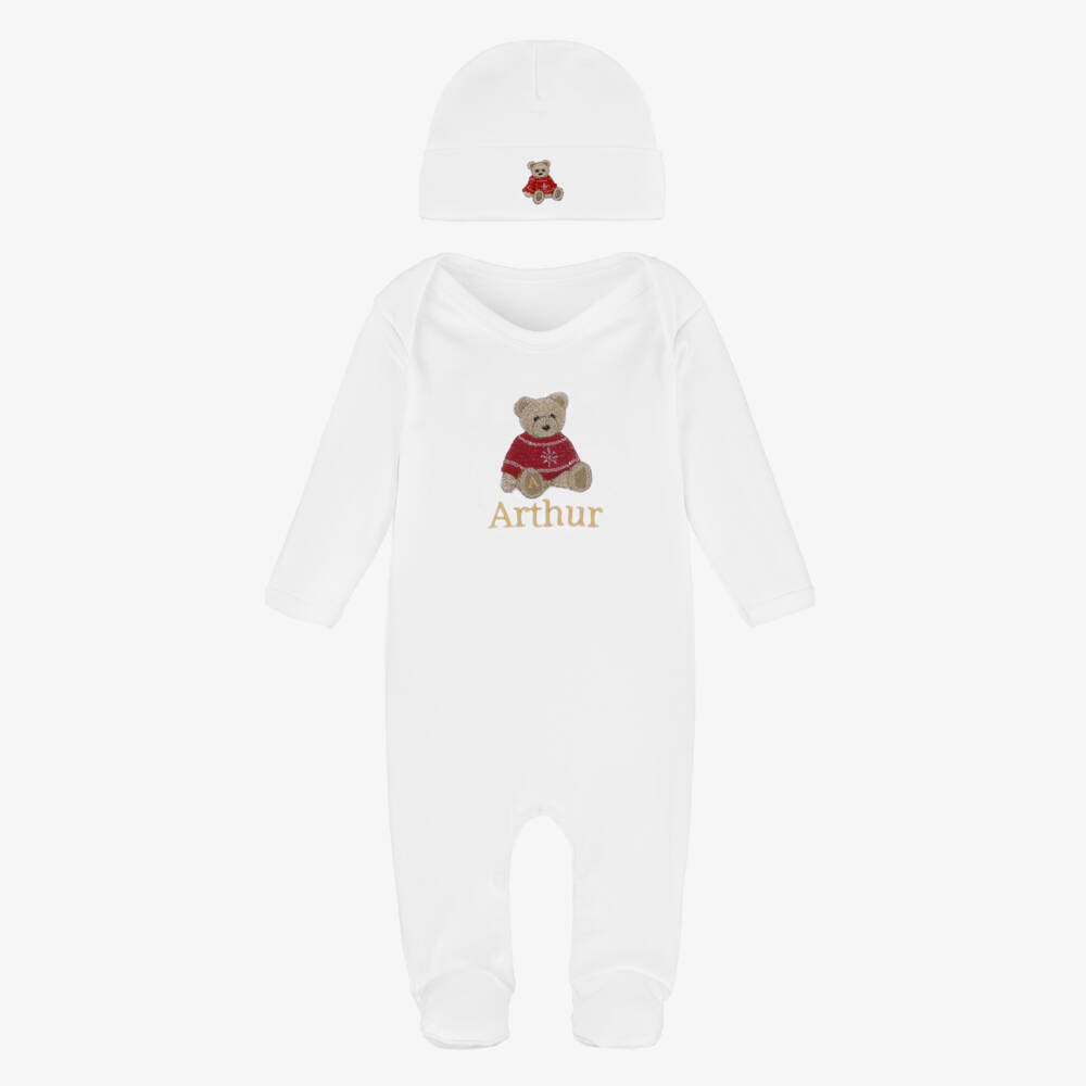 Paint My Dreams-White Cotton Personalised Christmas Teddy Babygrow Gift Set | Childrensalon