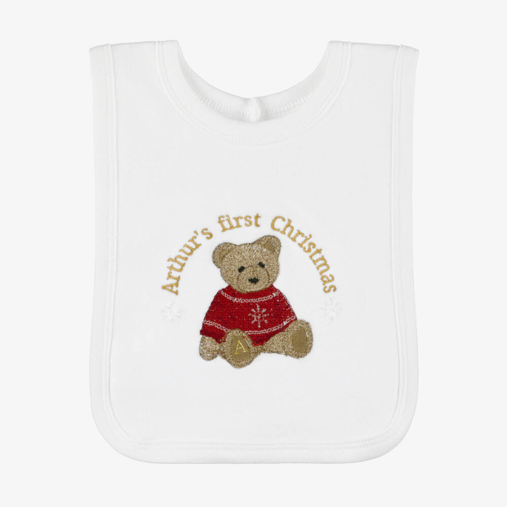 Paint My Dreams-White Cotton Personalised Christmas Teddy Bib | Childrensalon