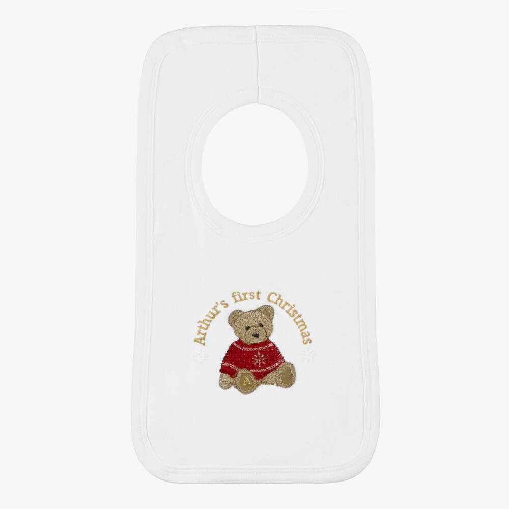 Paint My Dreams-White Cotton Personalised Christmas Teddy Bib | Childrensalon
