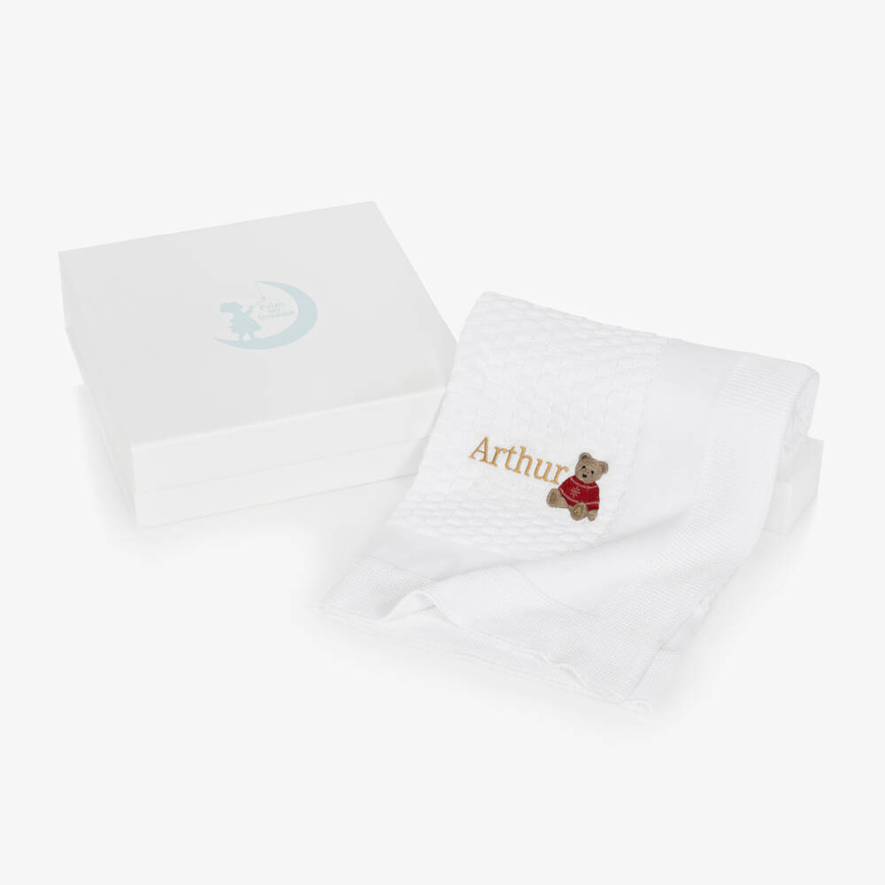 Paint My Dreams-White Cotton Personalised Christmas Teddy Blanket (97cm) | Childrensalon