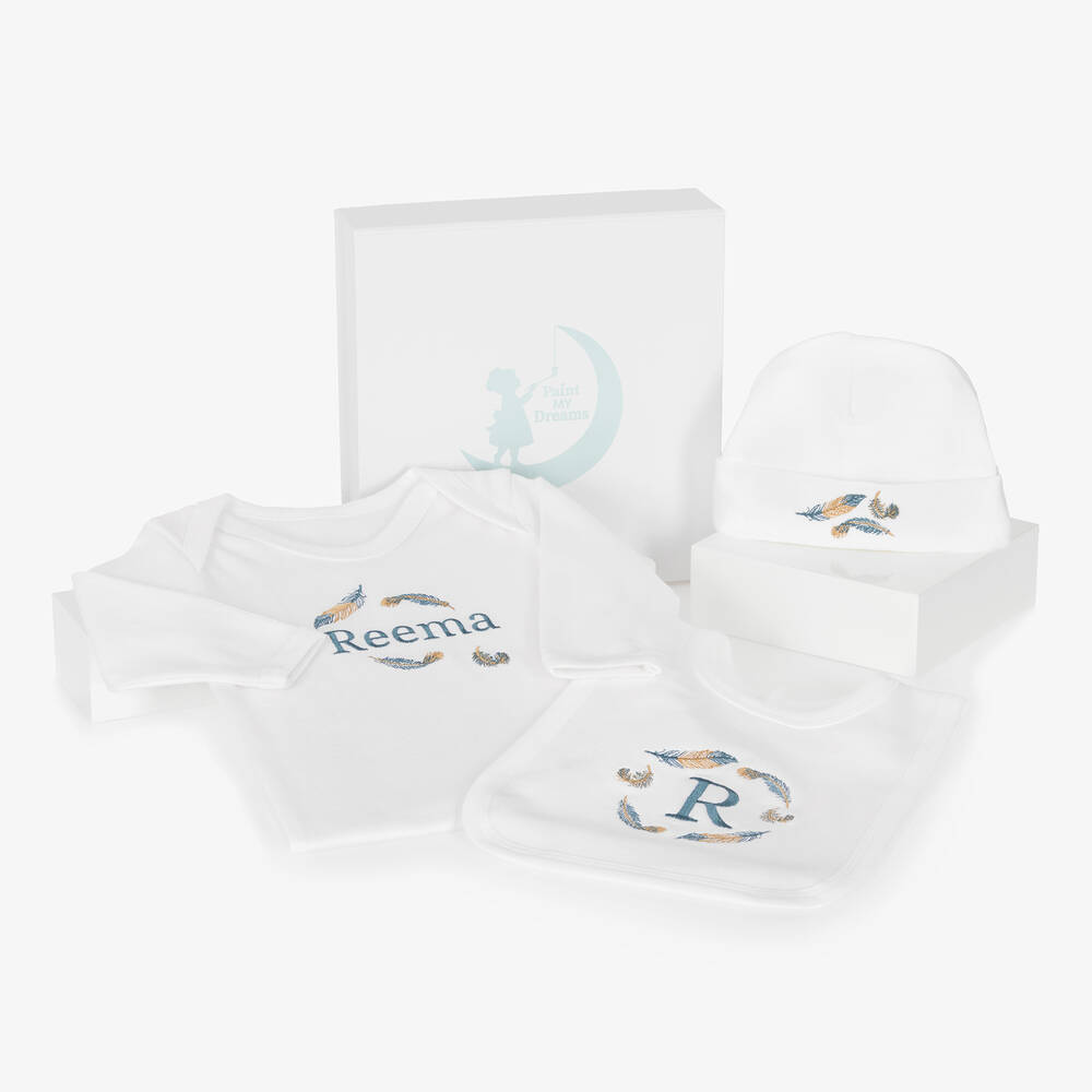 Paint My Dreams-White Feather Personalised Babysuit Gift Set | Childrensalon