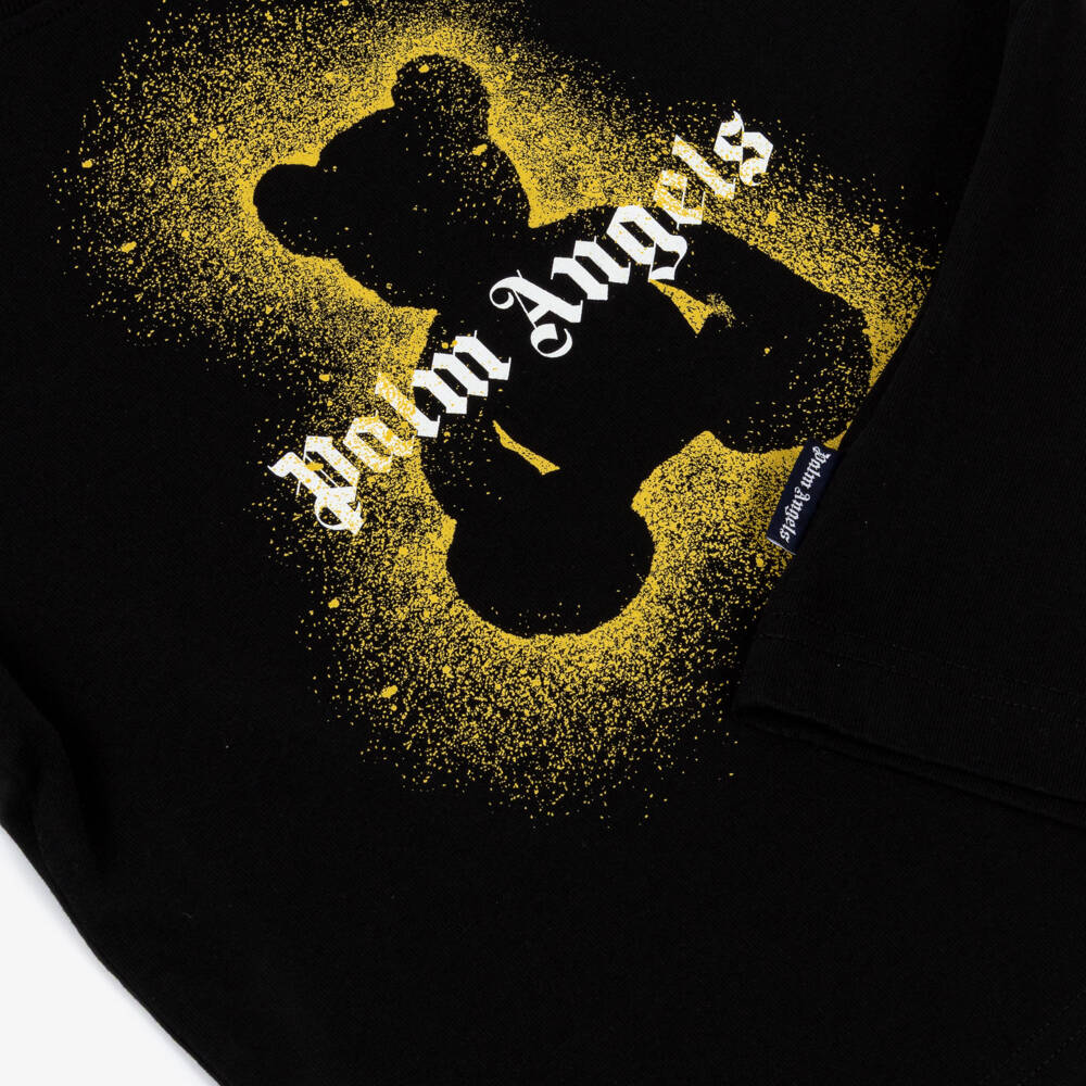 Palm Angels - Black Cotton T-Shirt with Yellow Spray Paint Palm Angels - Black Cotton T-Shirt with Yellow Spray Paint