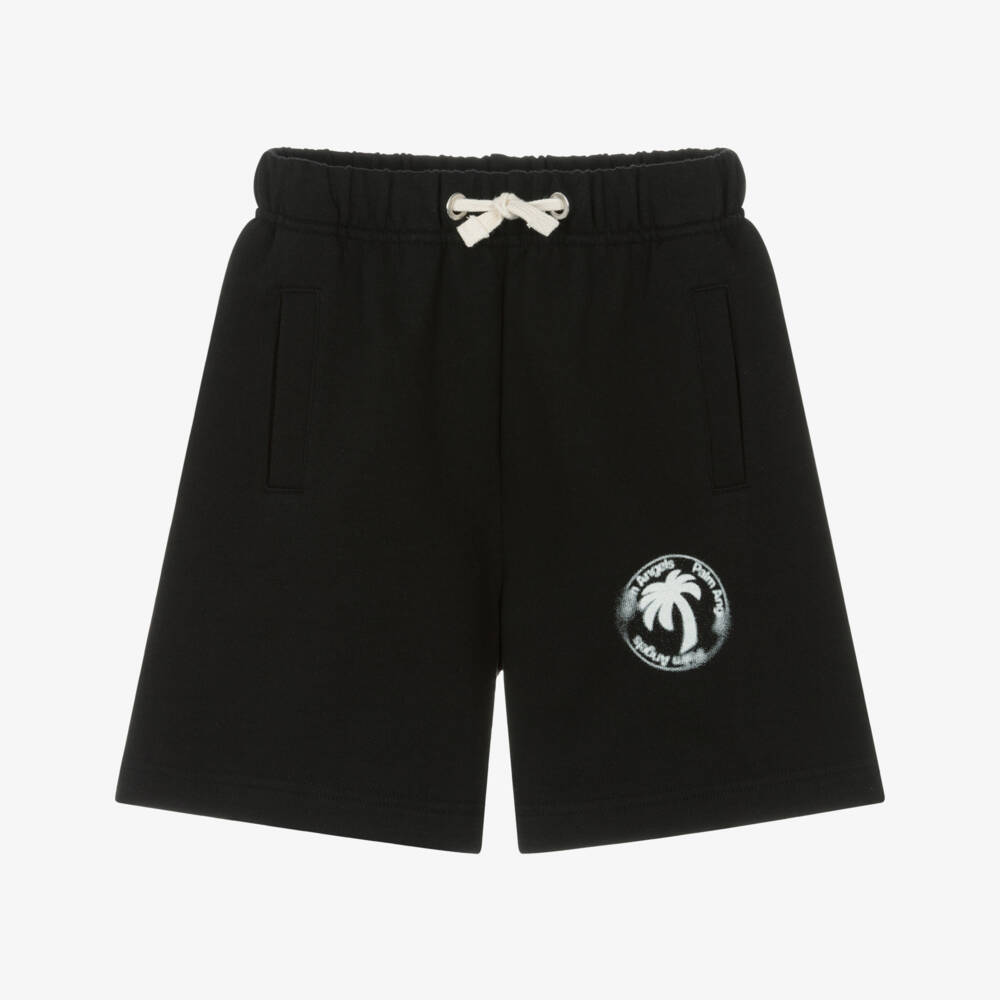 Palm Angels-Boys Black Cotton Jersey Shorts with Blurred Palm Tree Logo | Childrensalon