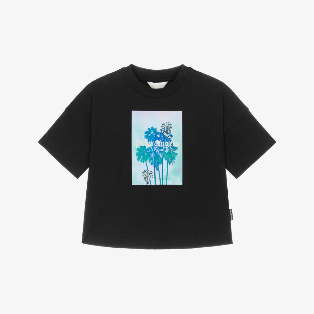 Palm Angels-Футболка черная из хлопка с логотипом и пальмой для мальчиков  | Childrensalon