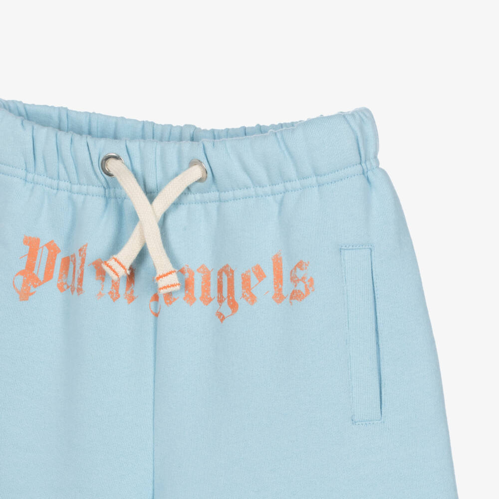 Palm Angels-Boys Blue Cotton Jersey Drawstring Shorts with Orange Logo | Childrensalon