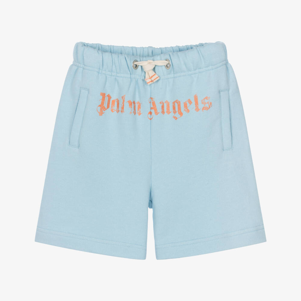 Palm Angels-Boys Blue Cotton Jersey Drawstring Shorts with Orange Logo | Childrensalon