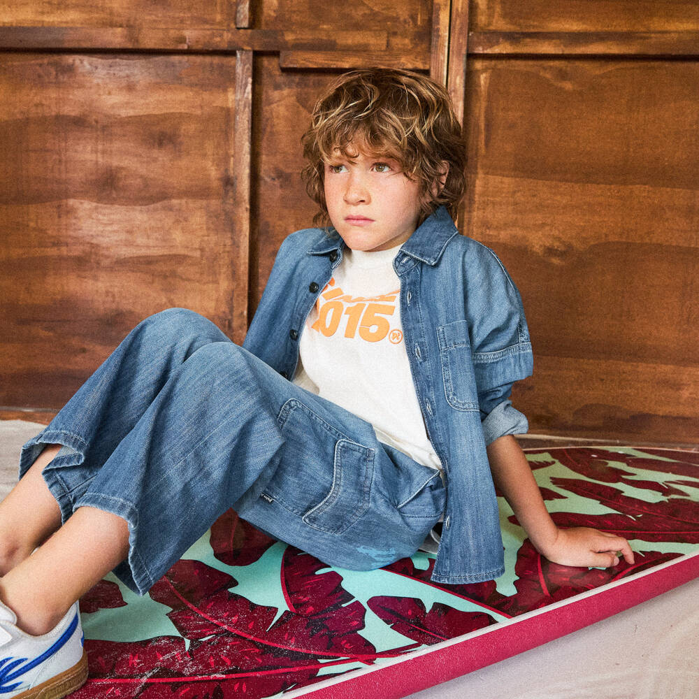 Palm Angels-Рубашка с длинным рукавом синяя из денима с логотипом для мальчиков | Childrensalon