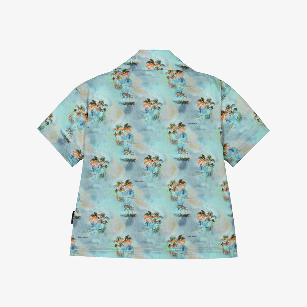 Palm Angels-Рубашка синяя из хлопка с пальмами и логотипом для мальчиков | Childrensalon
