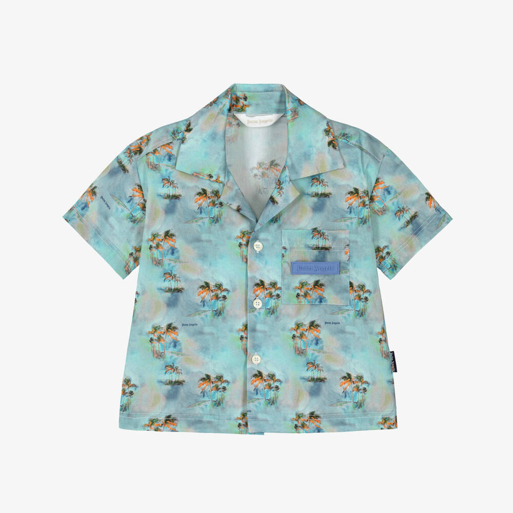 Palm Angels-Boys Blue Palm Tree & Logo Cotton Shirt | Childrensalon