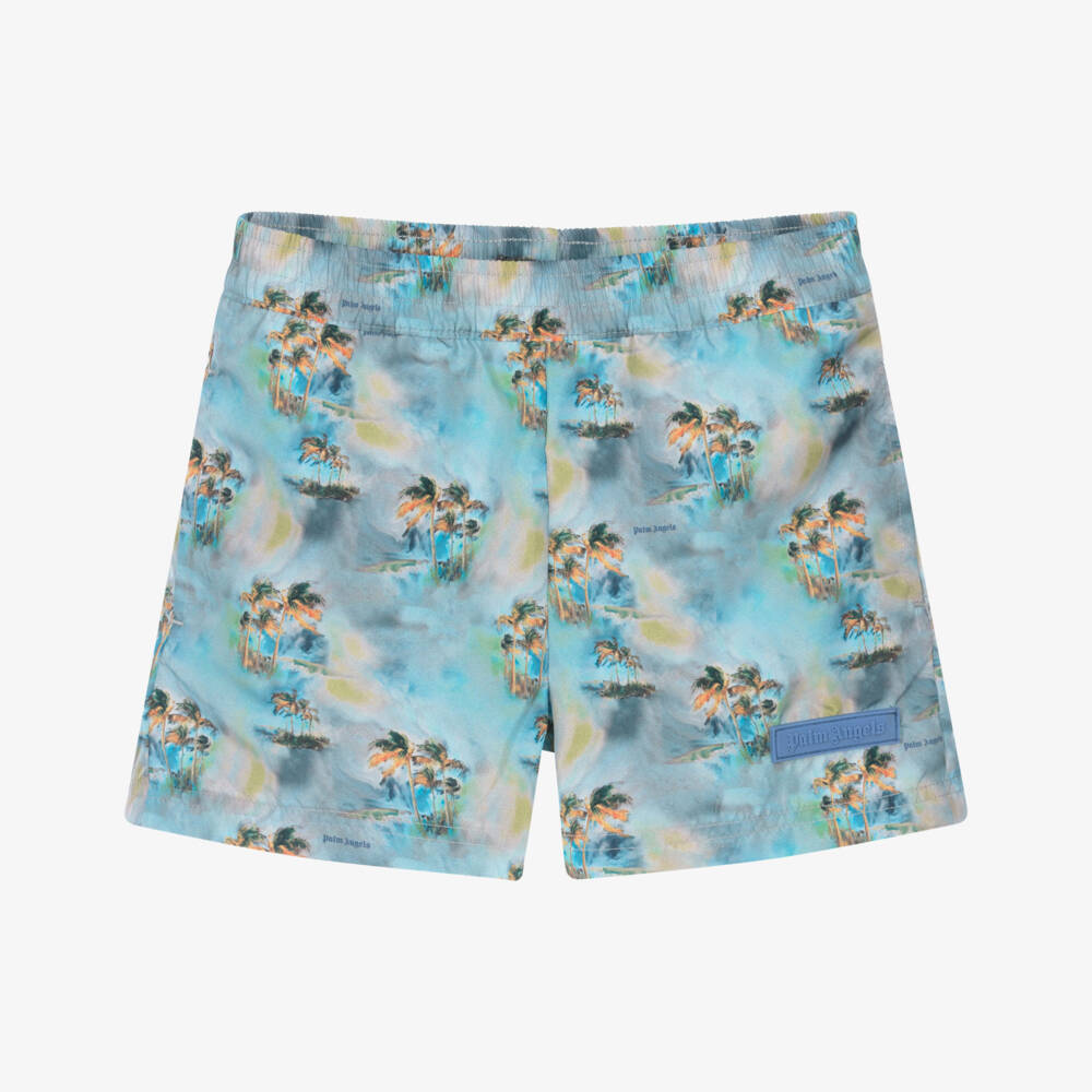 Palm Angels-Boys Blue Palm Tree Print Swim Shorts | Childrensalon