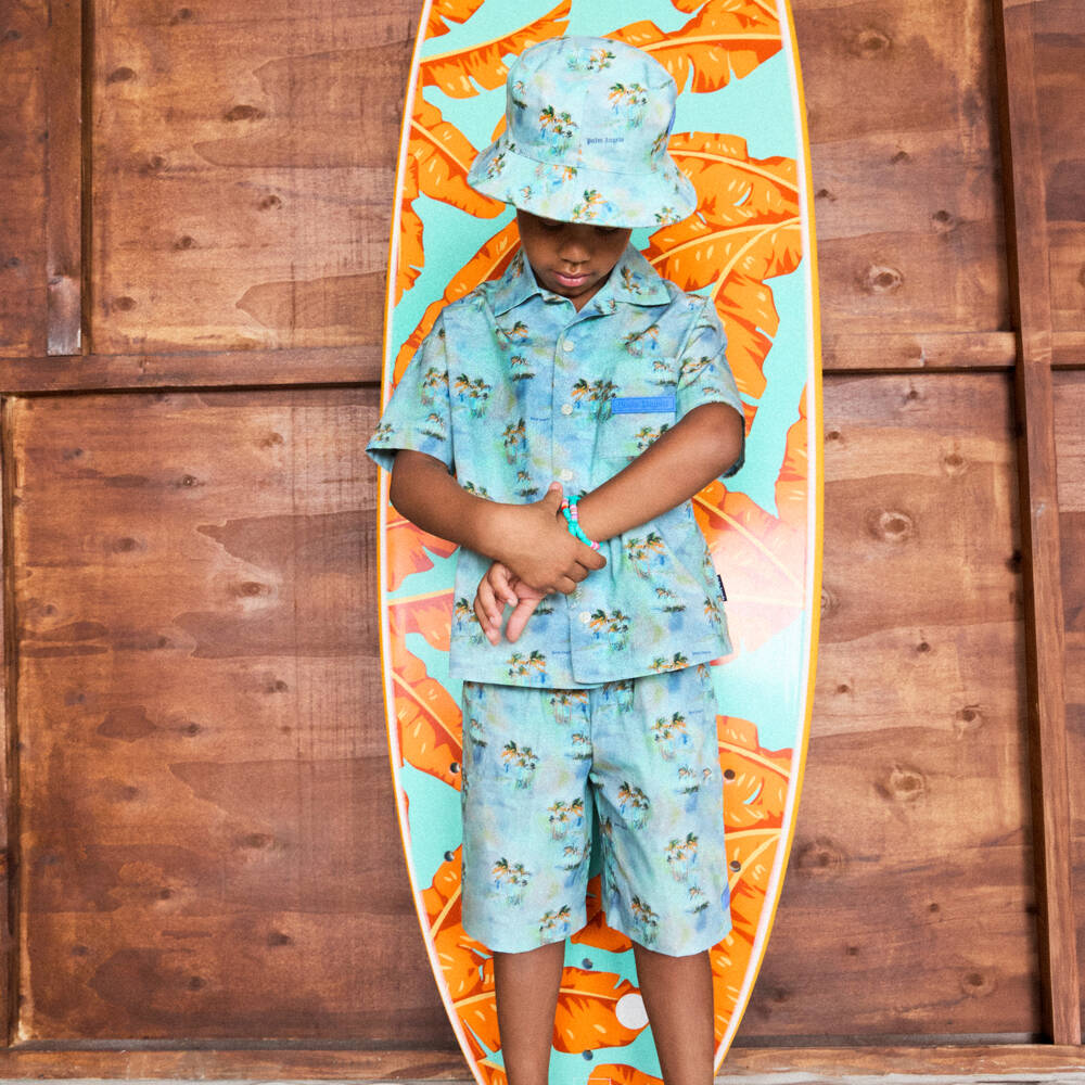 Palm Angels-Boys Blue Palm Tree Print Swim Shorts | Childrensalon