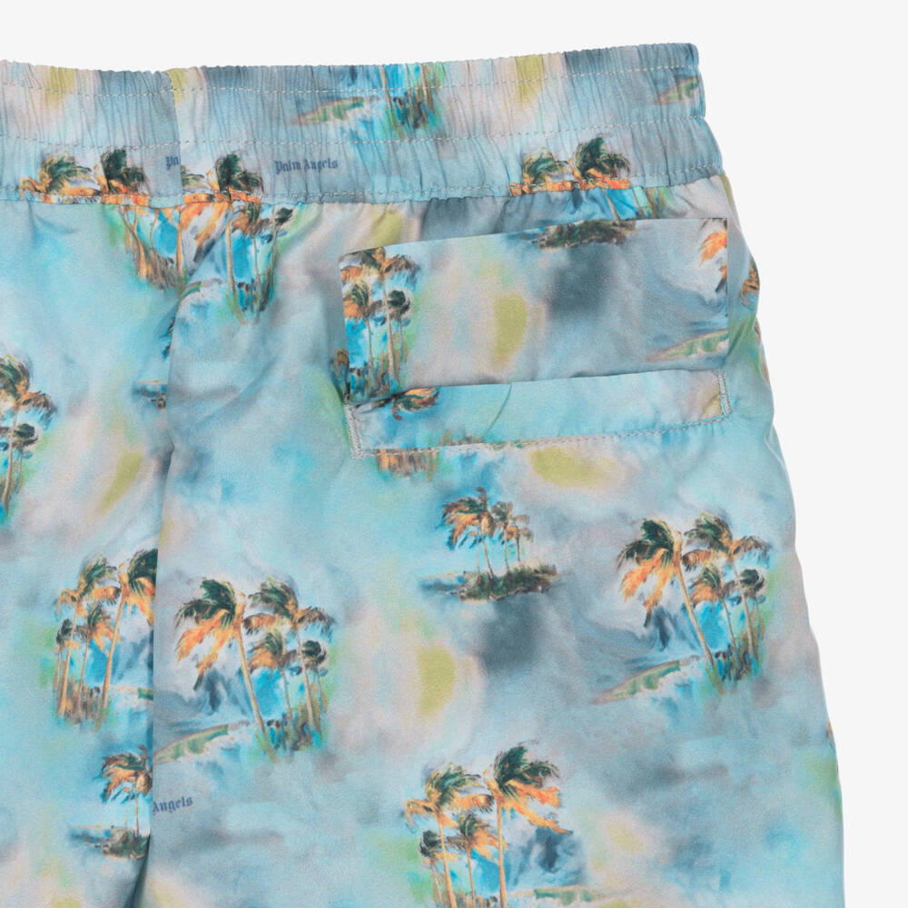 Palm Angels-Boys Blue Palm Tree Print Swim Shorts | Childrensalon