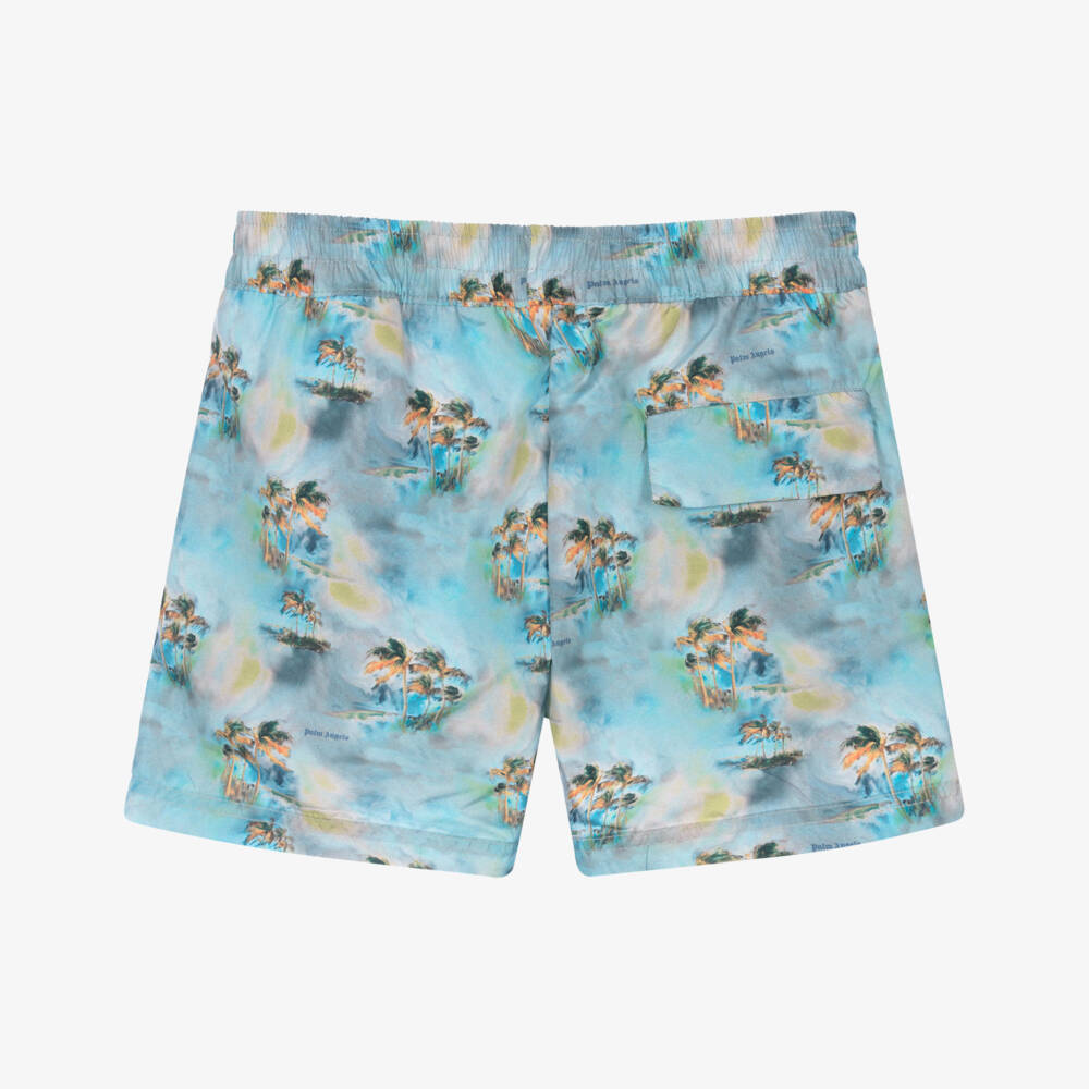 Palm Angels-Boys Blue Palm Tree Print Swim Shorts | Childrensalon