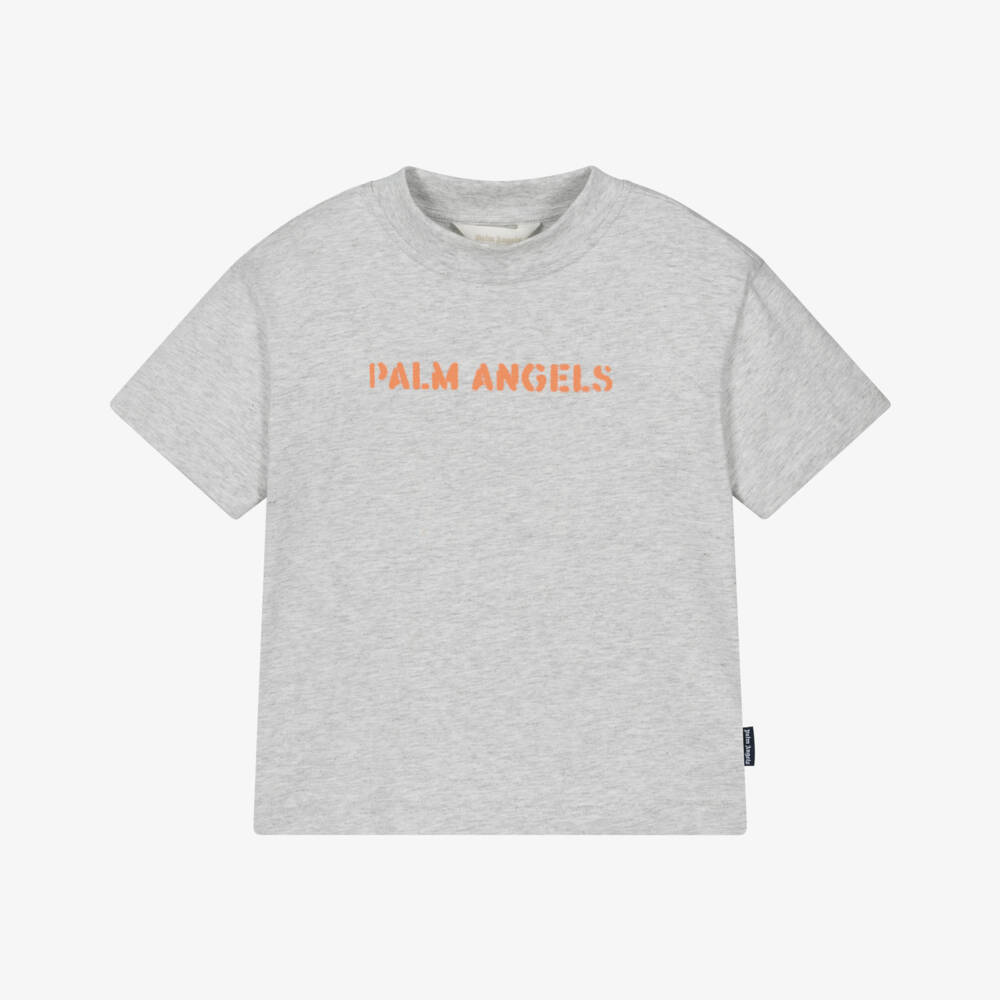 Palm Angels-Boys Grey Marl Cotton T-Shirt with Orange Logo Print | Childrensalon