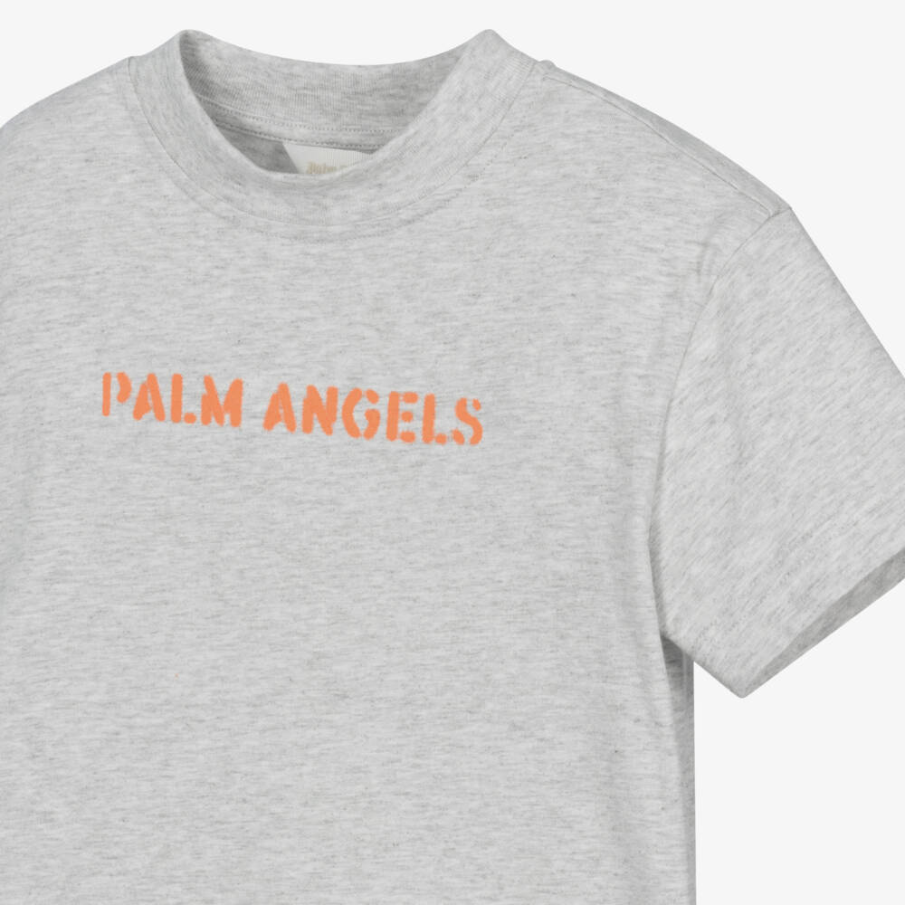 Palm Angels-Boys Grey Marl Cotton T-Shirt with Orange Logo Print | Childrensalon