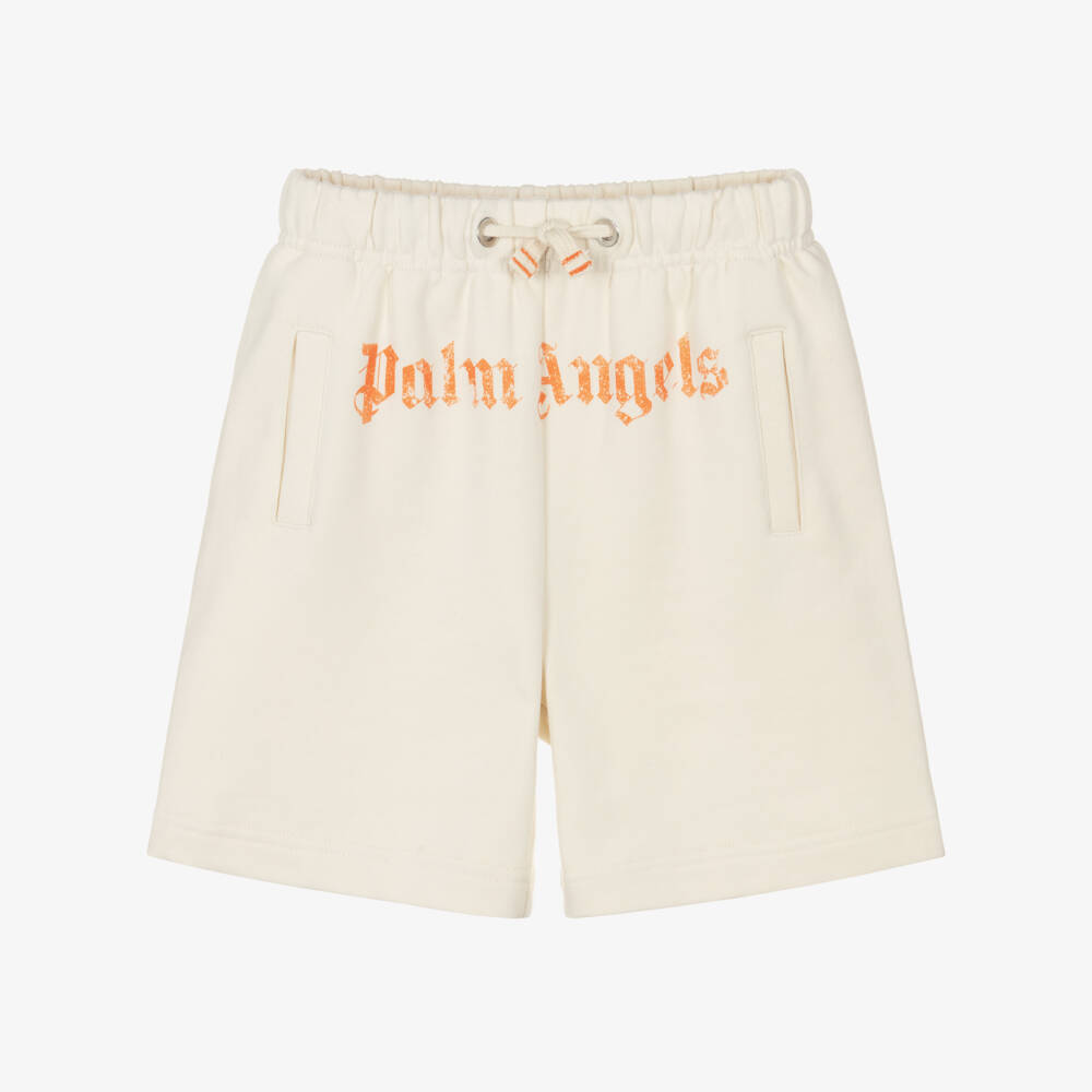 Palm Angels-Boys Ivory Cotton Jersey Drawstring Shorts with Orange Logo | Childrensalon