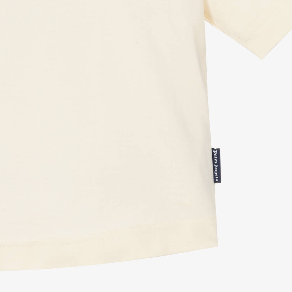 Palm Angels-Футболка кремовая хлопковая с логотипом и пляжным рисунком для мальчиков | Childrensalon