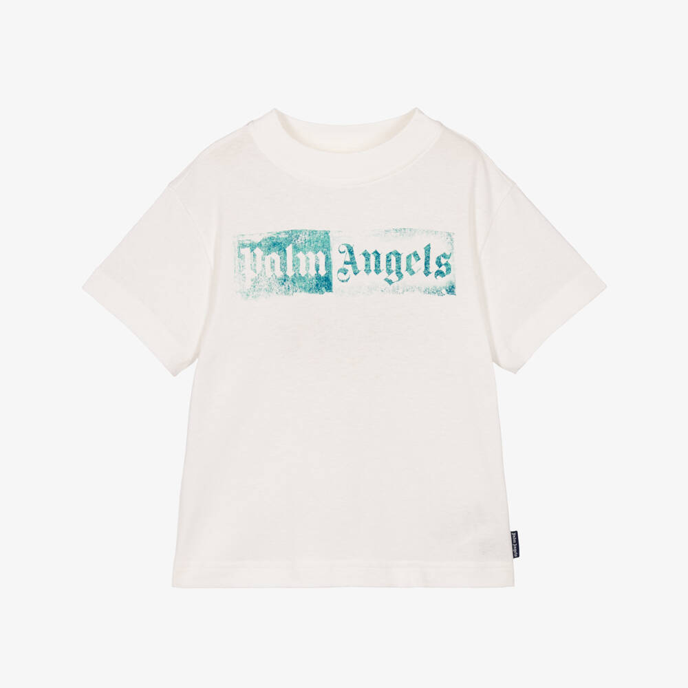 Palm Angels-Boys Ivory Logo Print T-Shirt in Cotton Jersey | Childrensalon