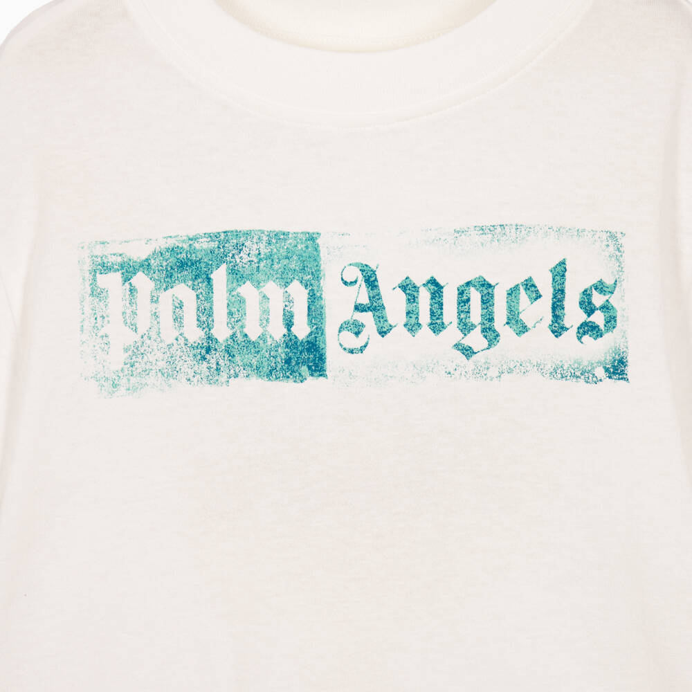 Palm Angels-Boys Ivory Logo Print T-Shirt in Cotton Jersey | Childrensalon
