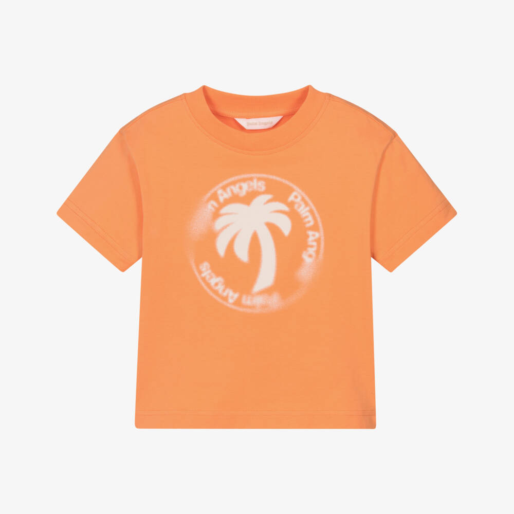 Palm Angels-Boys Orange Cotton T-Shirt with Blurred Palm Tree Logo | Childrensalon