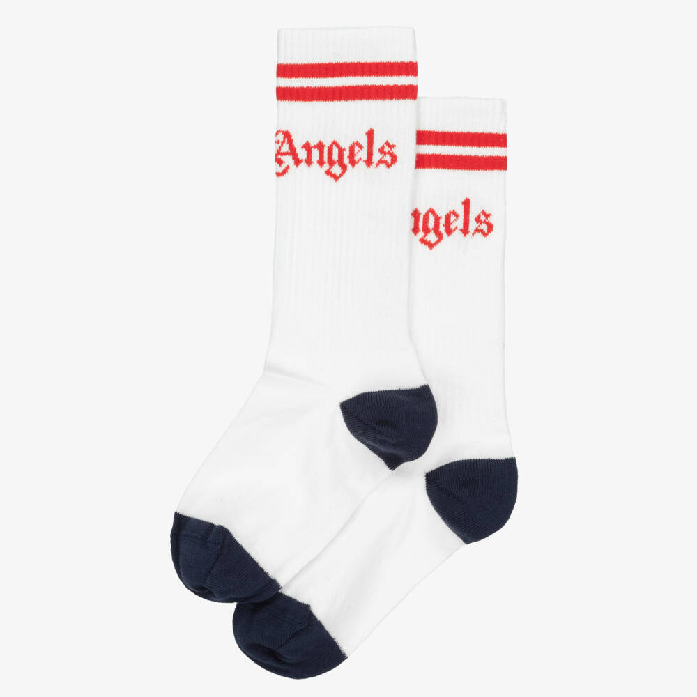 Palm Angels-Boys White Cotton Socks with Red Logo Trim | Childrensalon