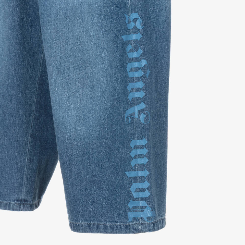 Palm Angels-Girls Blue Denim Wide Leg Logo Jeans | Childrensalon