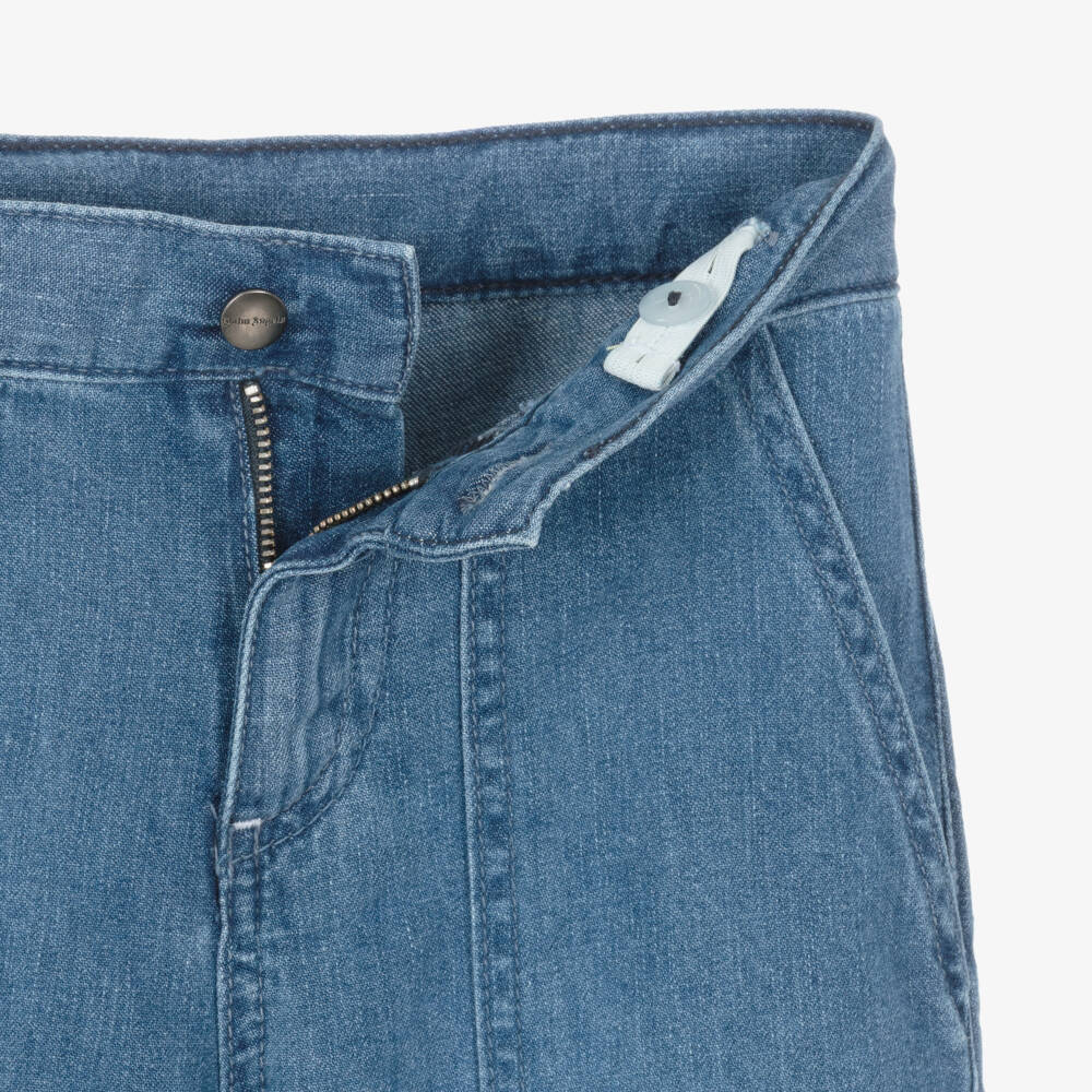 Palm Angels-Girls Blue Denim Wide Leg Logo Jeans | Childrensalon