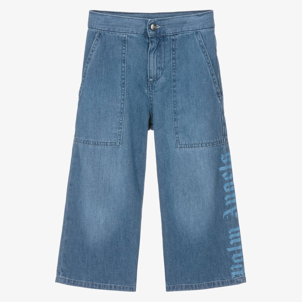 Palm Angels-Girls Blue Denim Wide Leg Logo Jeans | Childrensalon