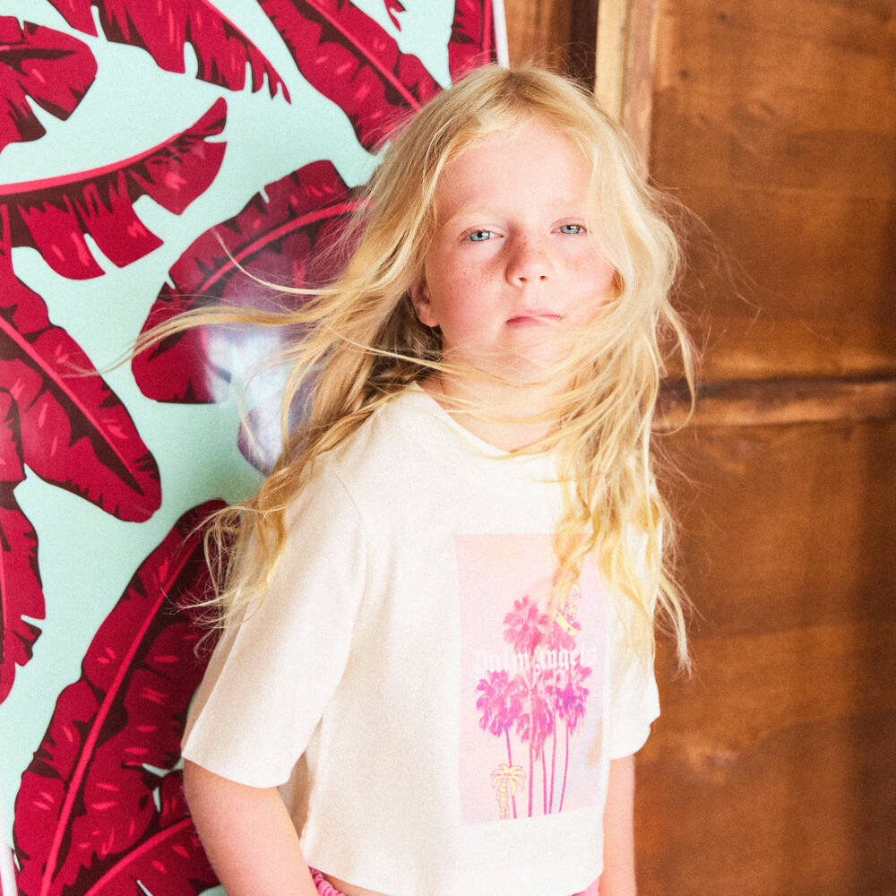 Palm Angels-Футболка кремовая из хлопка с логотипом и розовыми пальмами для девочек | Childrensalon