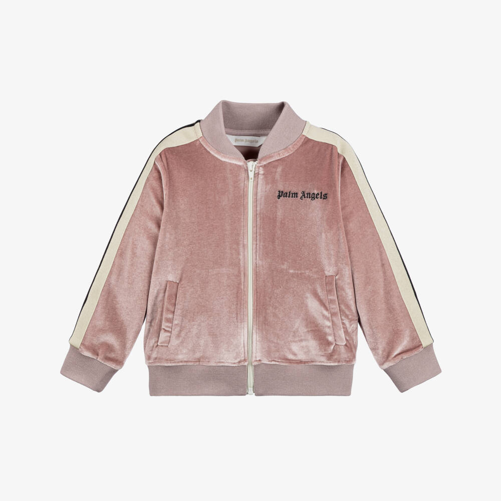 Palm Angels-Girls Pink Velour Zip-Up Logo Top with Side Stripes | Childrensalon