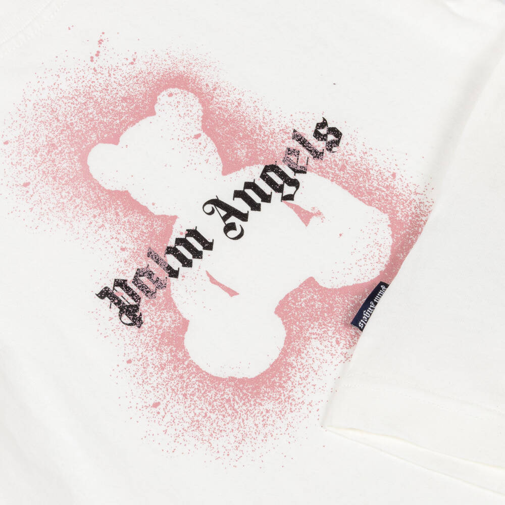 Palm Angels-Ivory Cotton T-Shirt with Pink Spray Paint Bear | Childrensalon