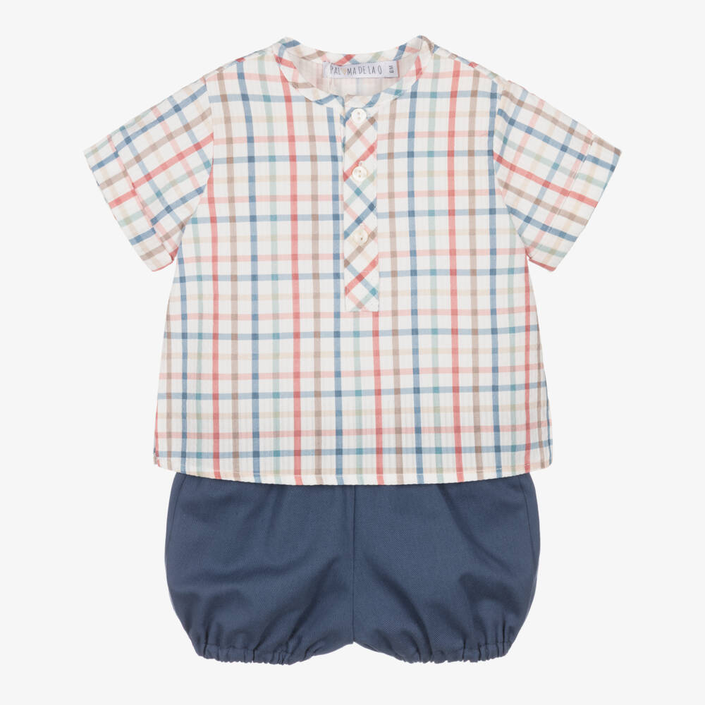Paloma de la O-Baby Boys Blue Checked Cotton Short Set | Childrensalon