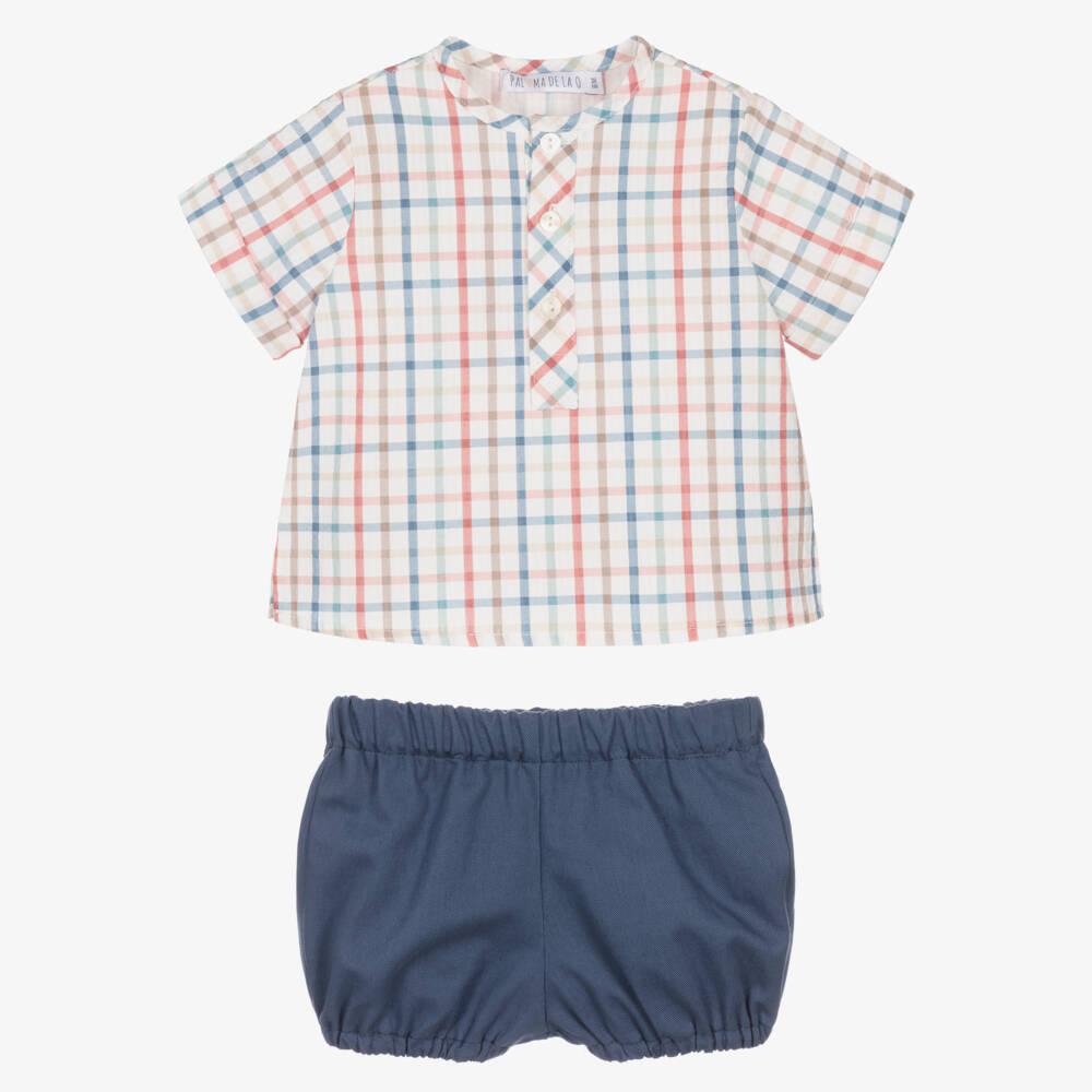 Paloma de la O-Baby Boys Blue Checked Cotton Short Set | Childrensalon