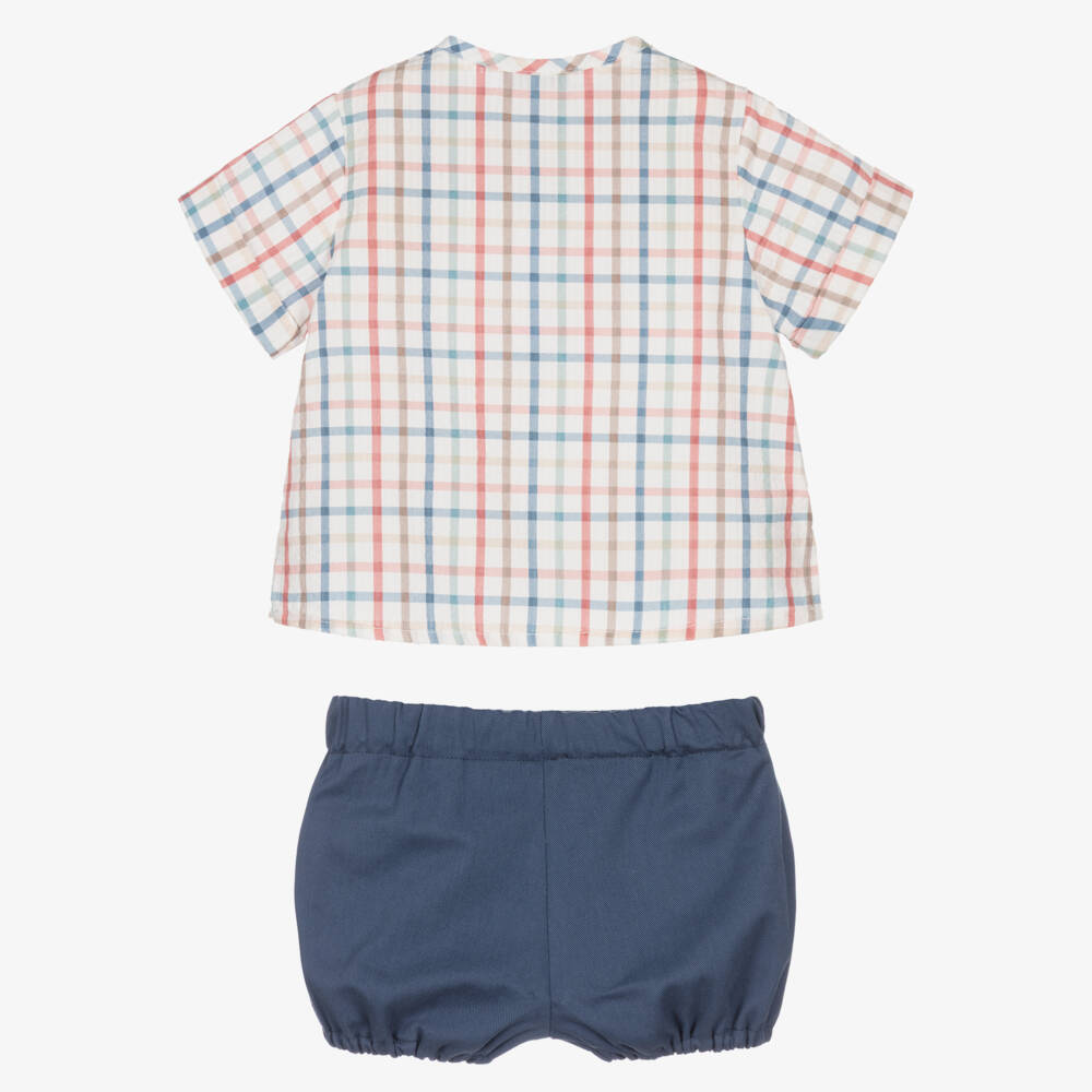 Paloma de la O-Baby Boys Blue Checked Cotton Short Set | Childrensalon
