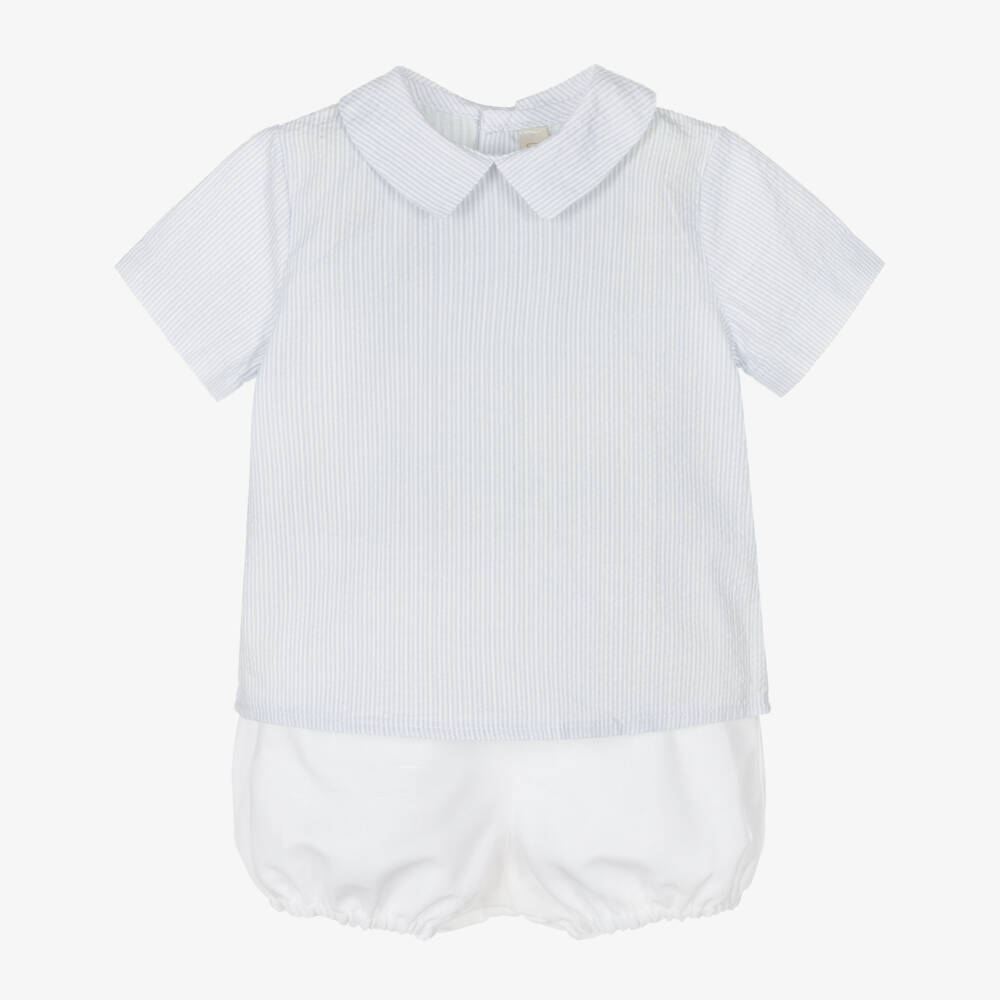 Paloma de la O-Baby Boys Blue & White Cotton & Linen Shorts Set | Childrensalon