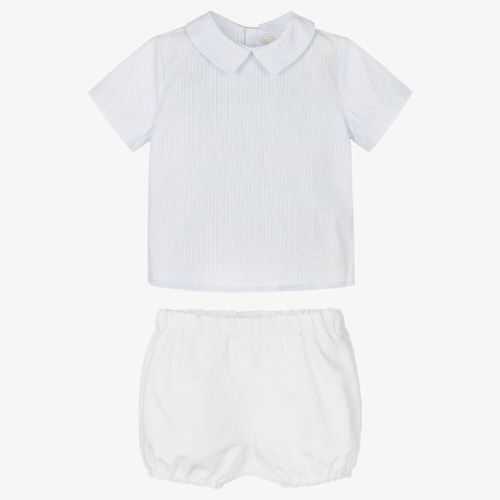 Paloma de la O-Baby Boys Blue & White Cotton & Linen Shorts Set | Childrensalon