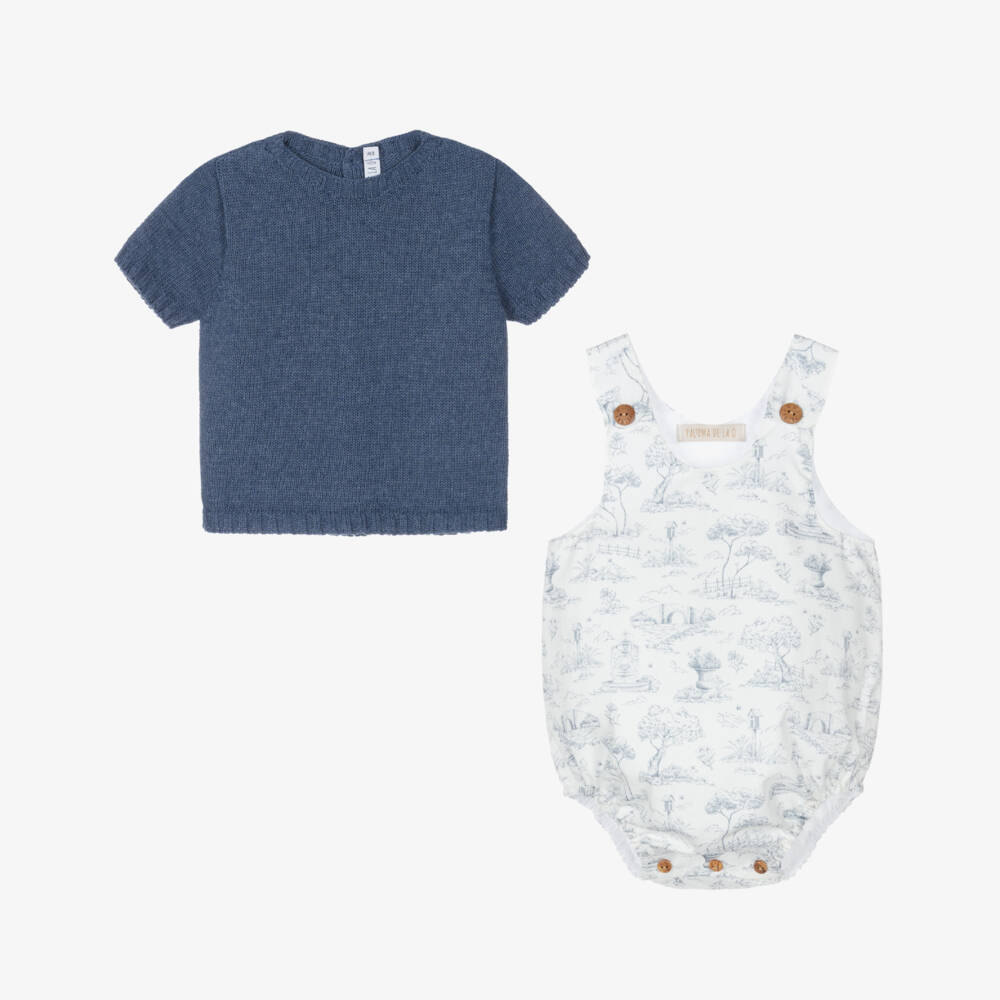 Paloma de la O-Baby Boys Blue & White Cotton Toile de Jouy Shortie Set | Childrensalon