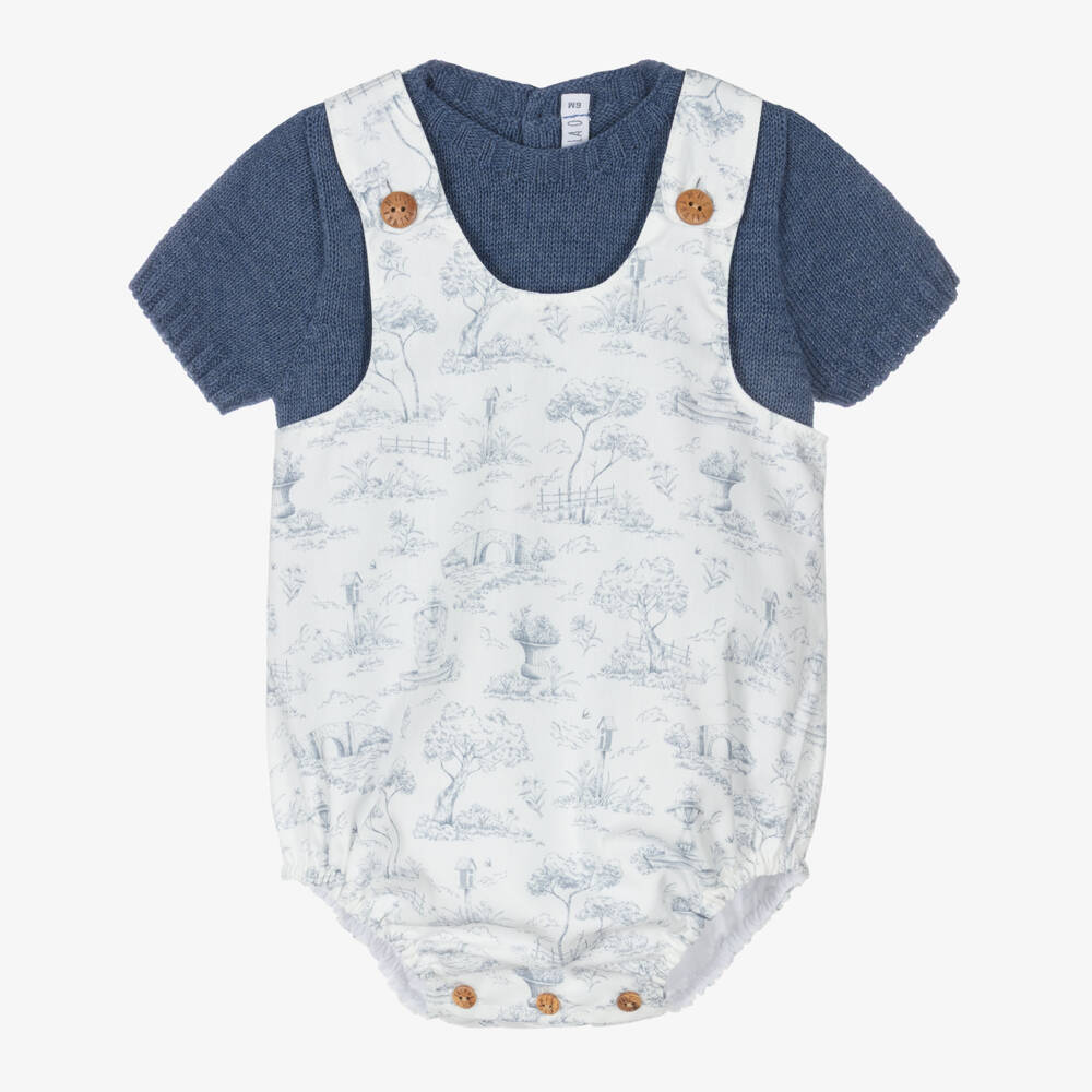 Paloma de la O-Baby Boys Blue & White Cotton Toile de Jouy Shortie Set | Childrensalon