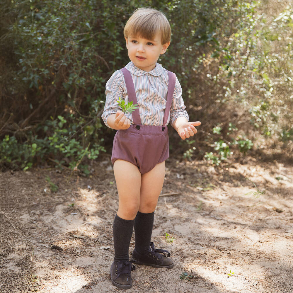 Paloma de la O-Baby Boys Brown Knit Cardigan & Purple Cotton Shorts Set | Childrensalon