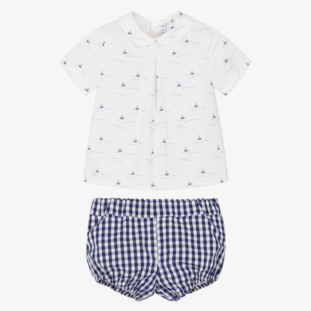 Paloma de la O-Baby Boys Navy Blue & White Gingham Shorts Set | Childrensalon