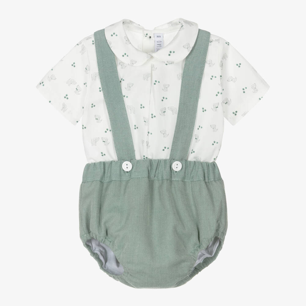 Paloma de la O-Baby Boys White & Green Shorts Set with Dog Print | Childrensalon