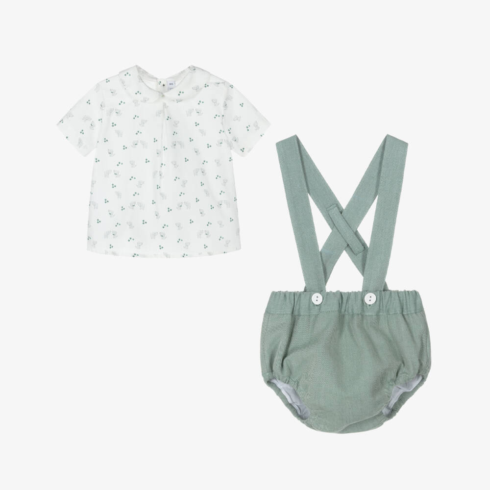 Paloma de la O-Baby Boys White & Green Shorts Set with Dog Print | Childrensalon