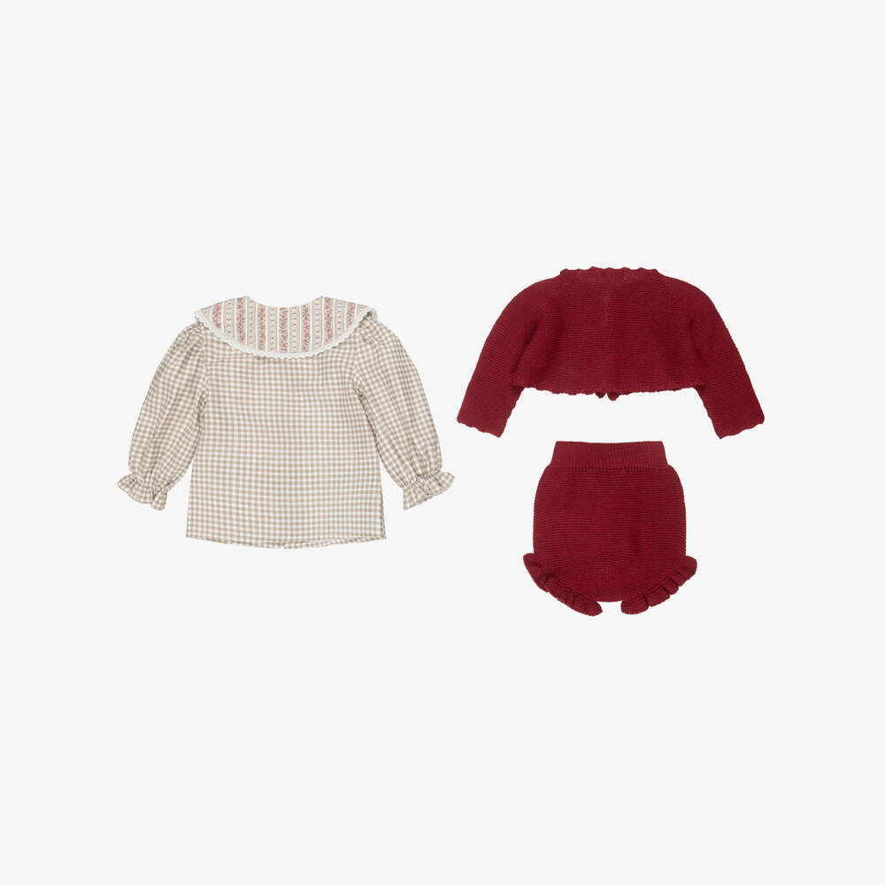 Paloma de la O-Baby Girls Beige Check & Red Knit Shorts Set | Childrensalon
