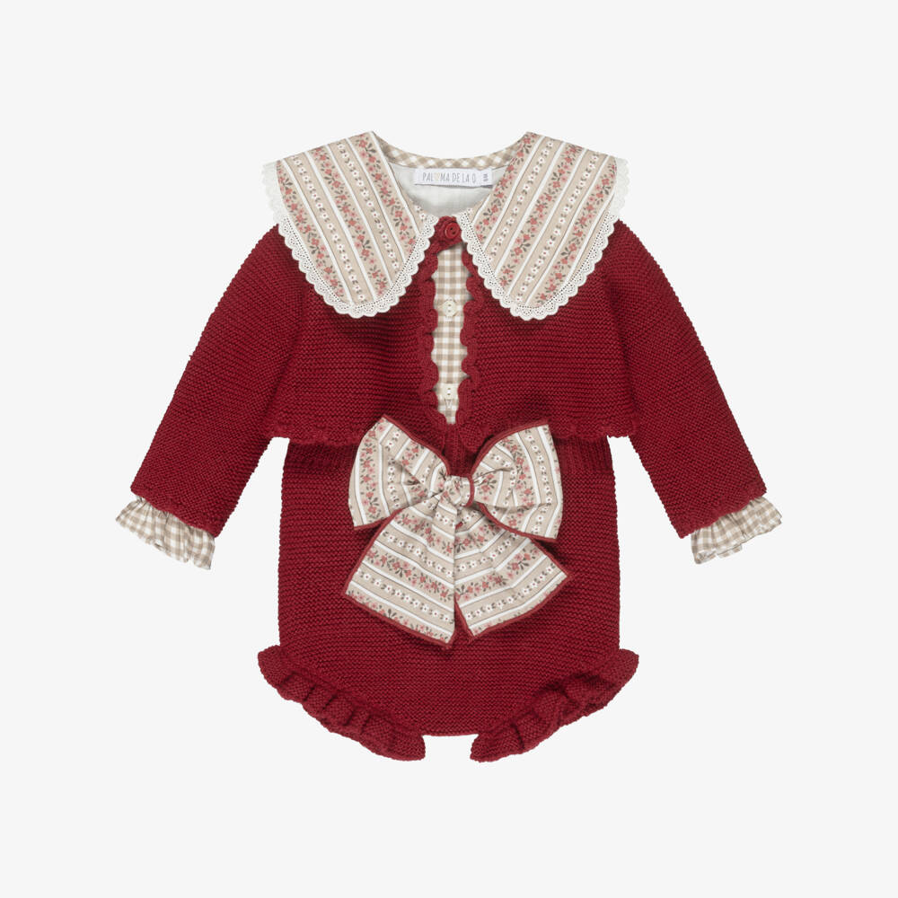 Paloma de la O-Baby Girls Beige Check & Red Knit Shorts Set | Childrensalon