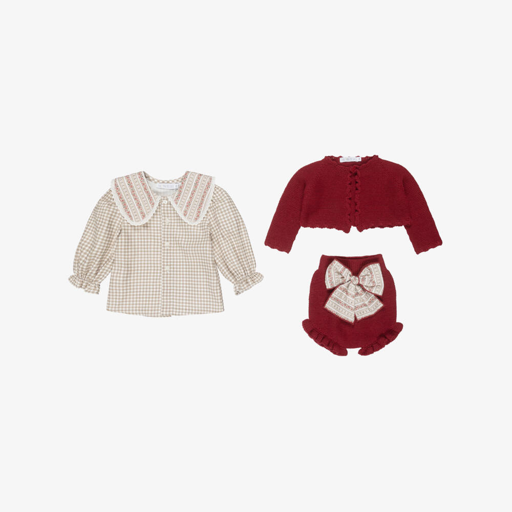 Paloma de la O-Baby Girls Beige Check & Red Knit Shorts Set | Childrensalon