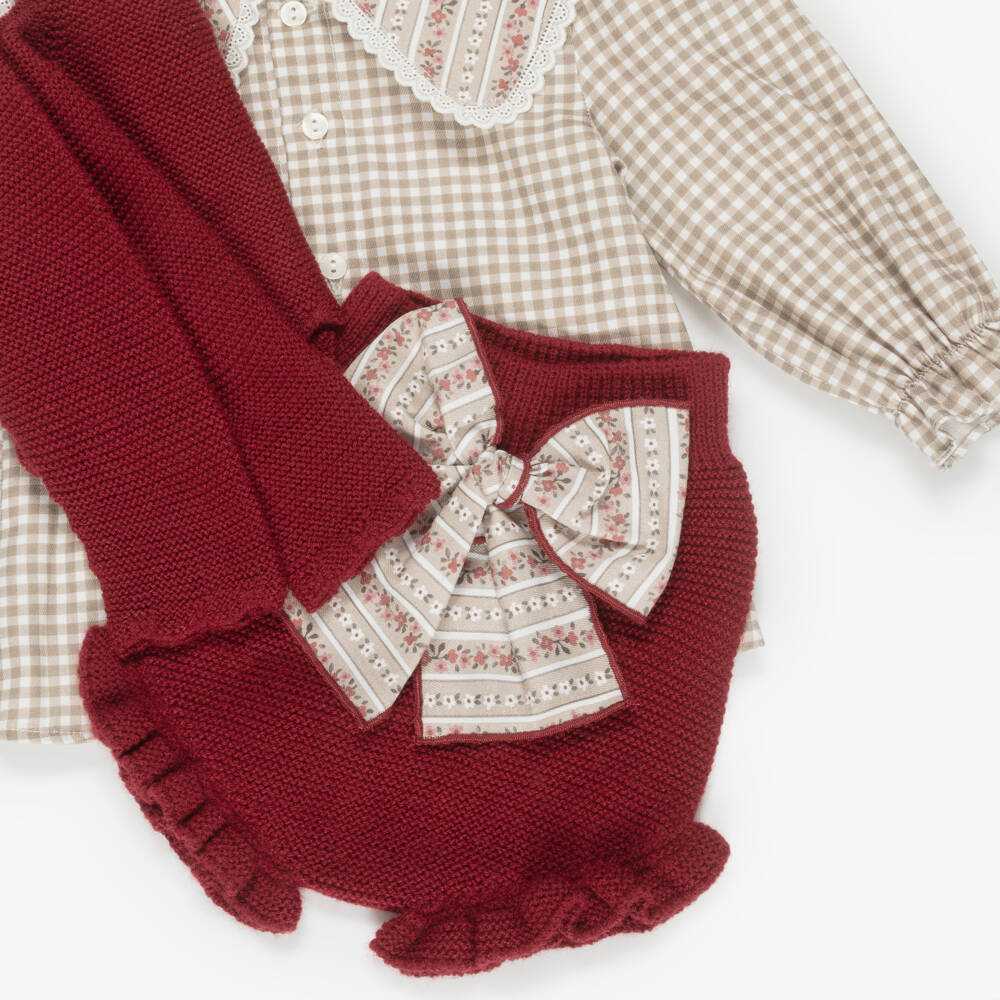 Paloma de la O-Baby Girls Beige Check & Red Knit Shorts Set | Childrensalon